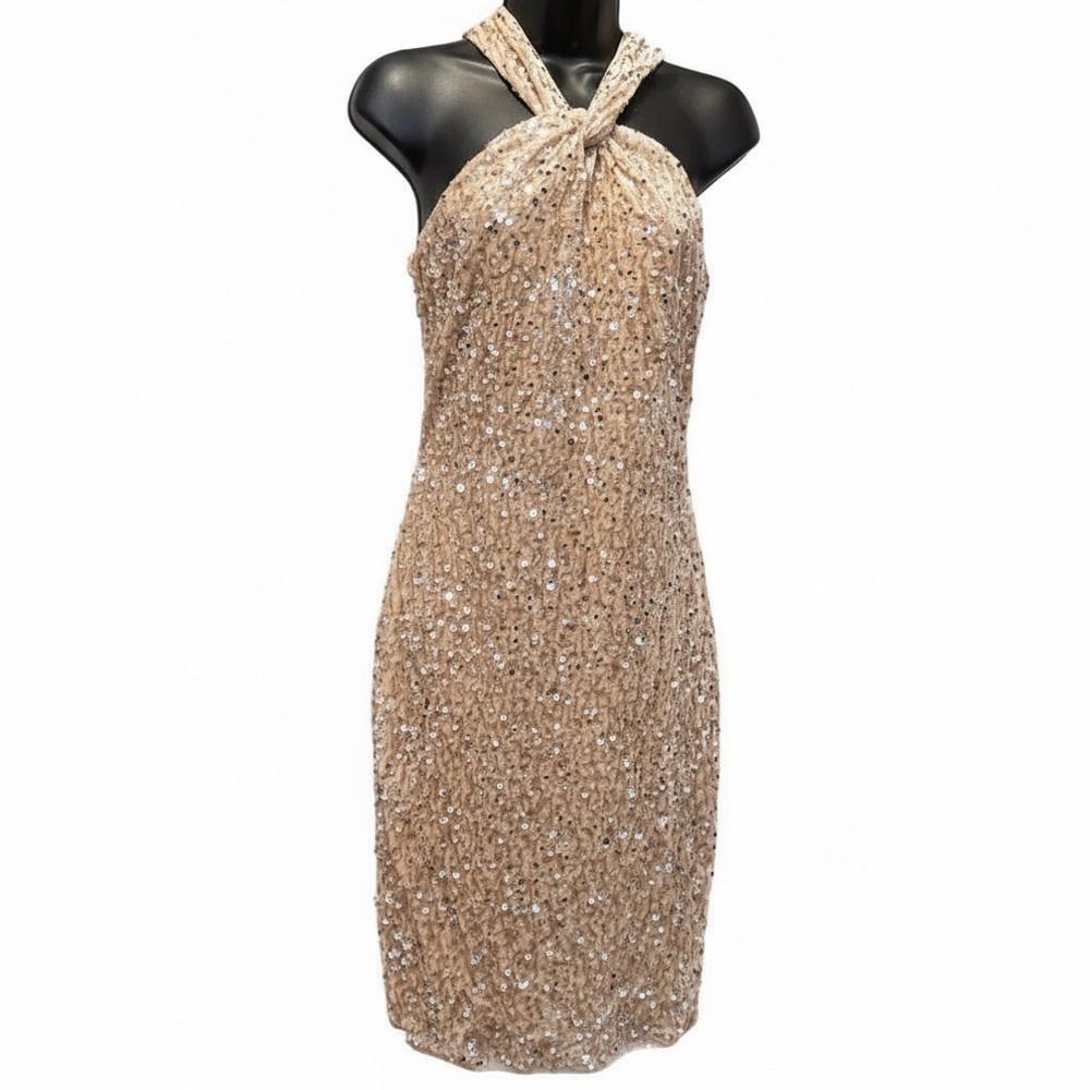NWT Grace Karin Women’s Sequined Velvet Halter Mini Dress Gold Size S